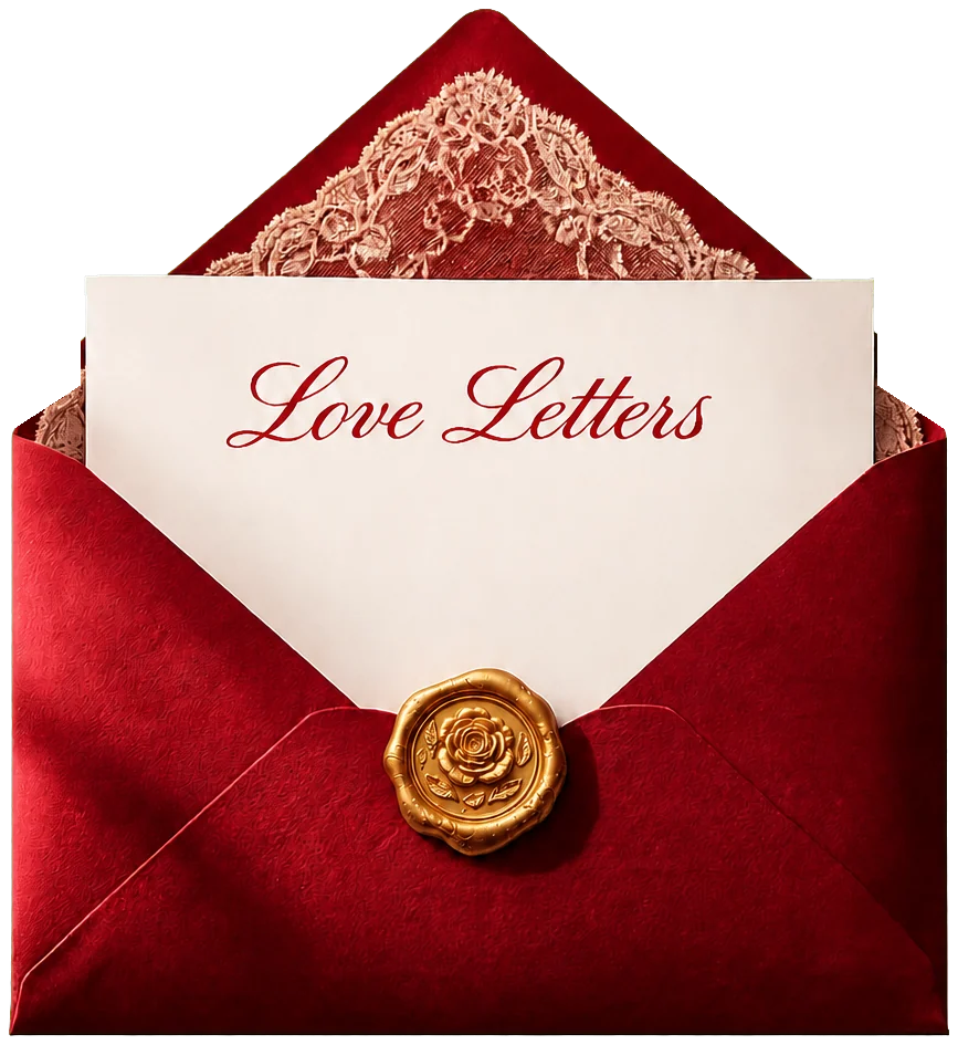 Phong bì cưới đỏ Love Letters với thiệp ren và con dấu vàng